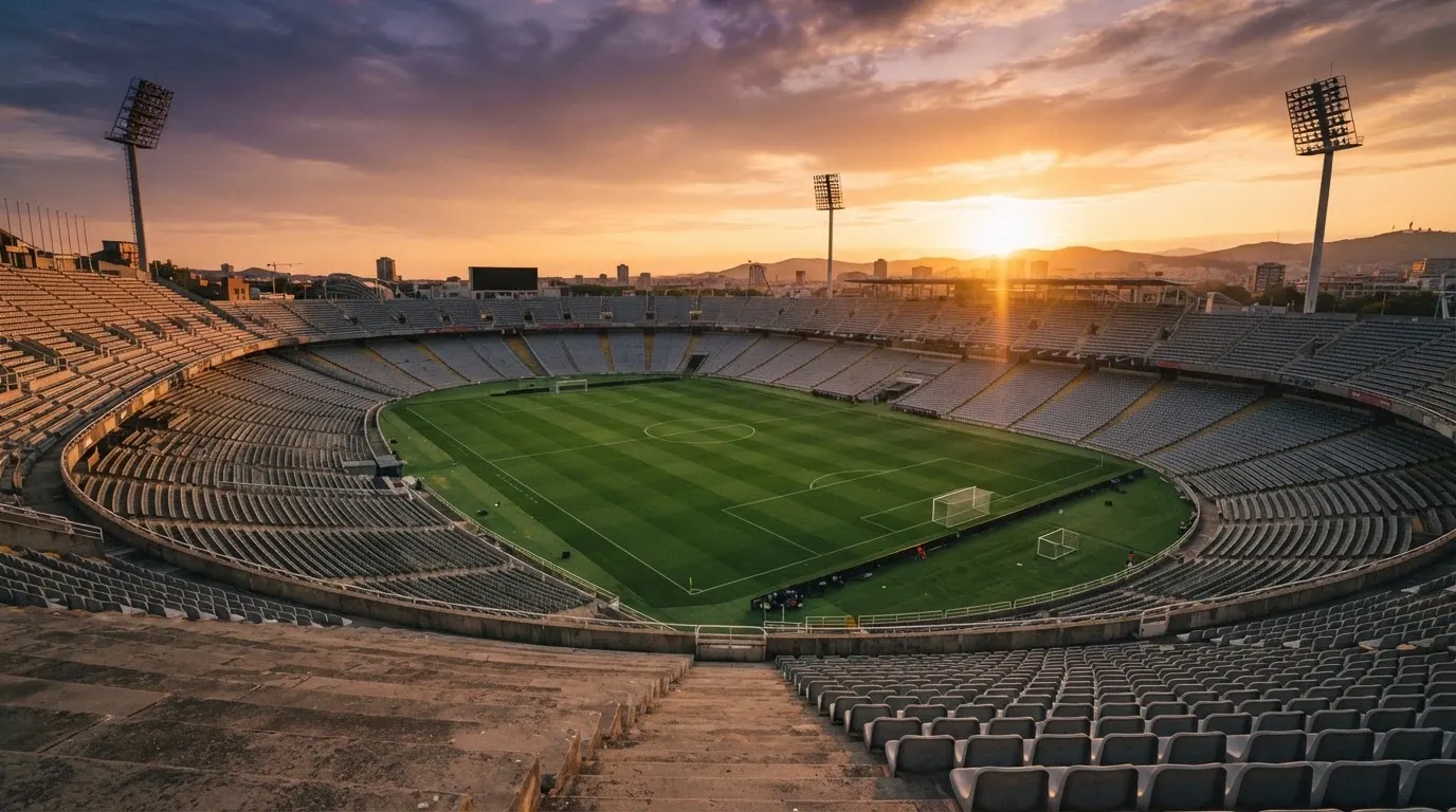 Un estadio de fútbol vacío con torres de iluminación al atardecer