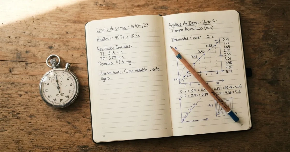 Un cuaderno abierto con un lápiz y un cronómetro sobre una mesa de madera