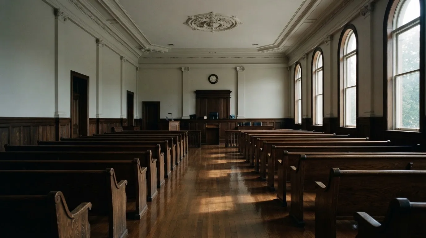 Una sala de tribunal vacía con bancos de madera a la luz de la mañana
