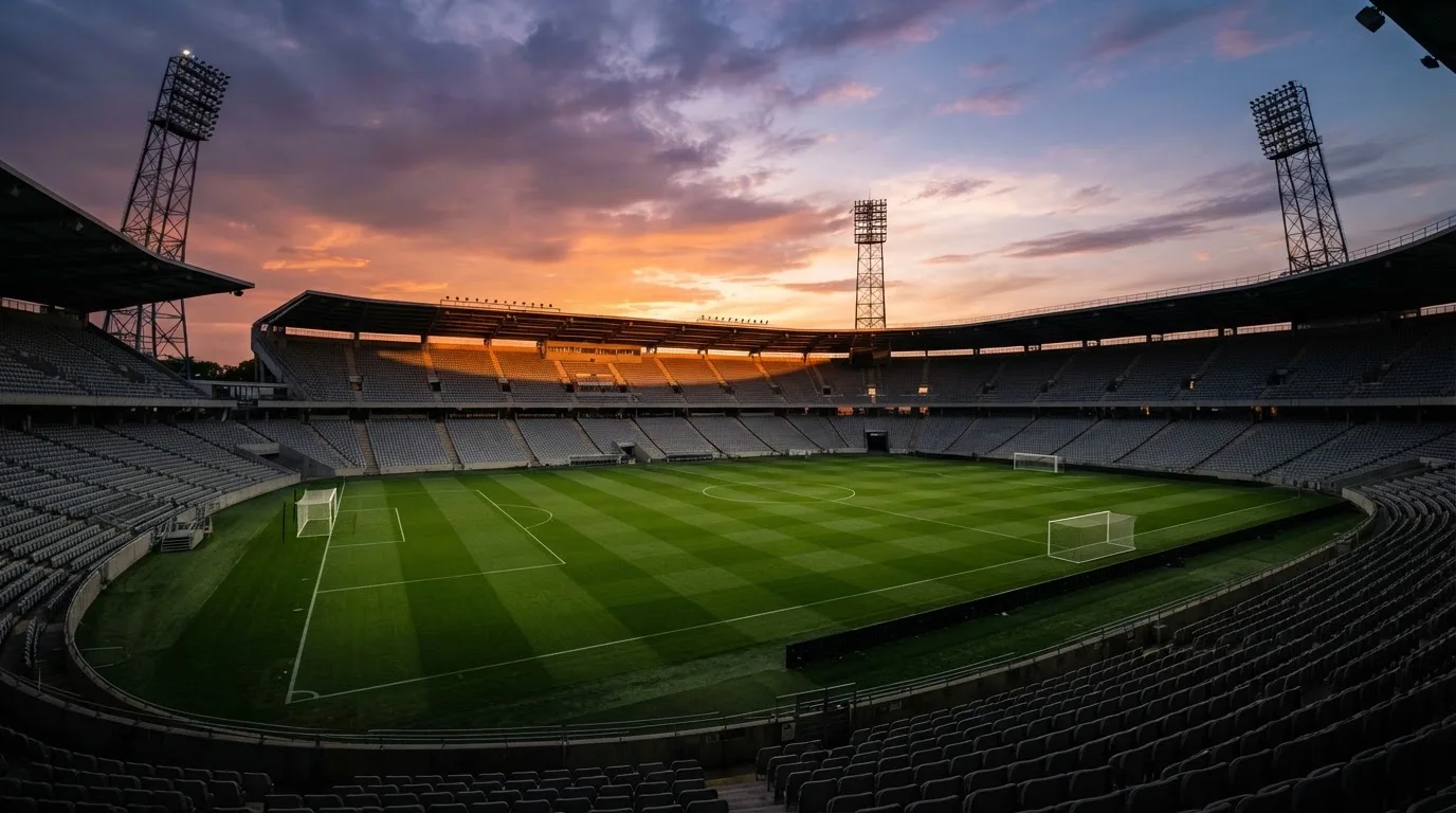 Un estadio de fútbol vacío con torres de iluminación al atardecer
