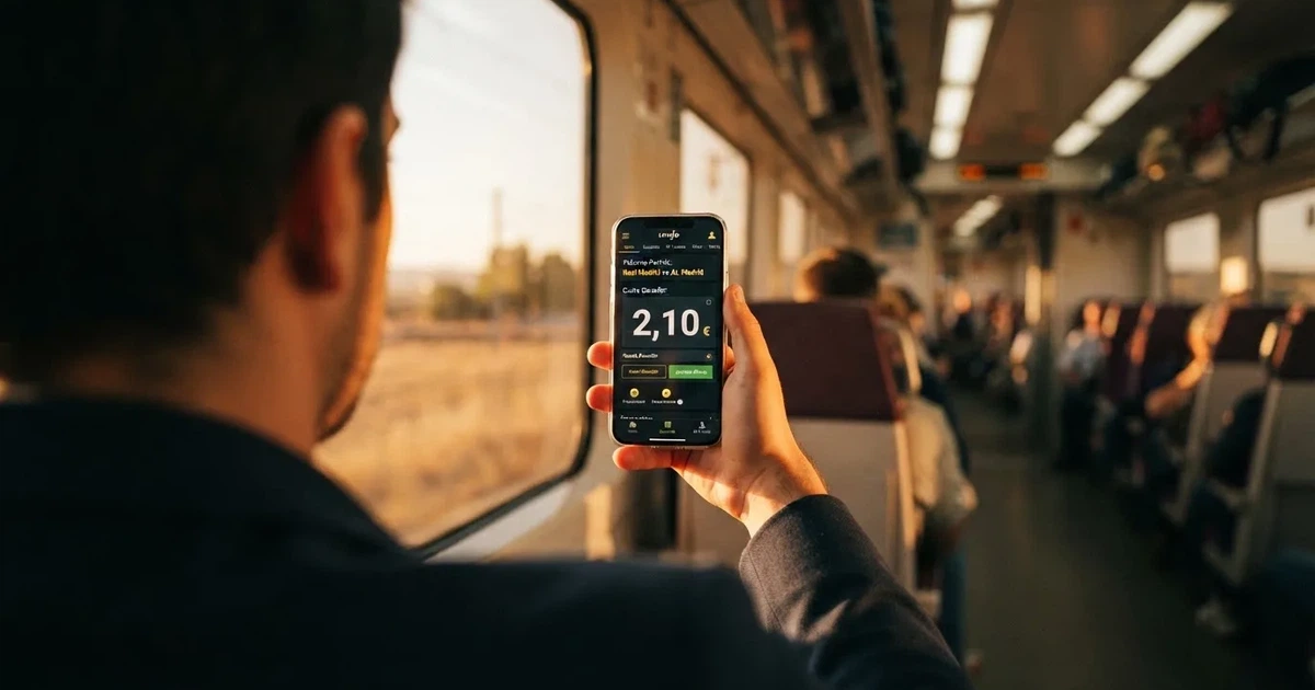 Una mano sostiene un móvil en el tren por la tarde, con la pantalla girada