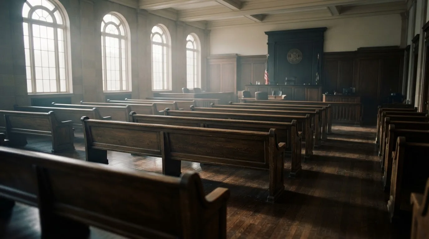 Una sala de tribunal vacía con bancos de madera a la luz de la mañana