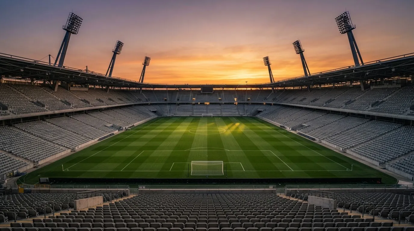 Un estadio de fútbol vacío con torres de iluminación al atardecer