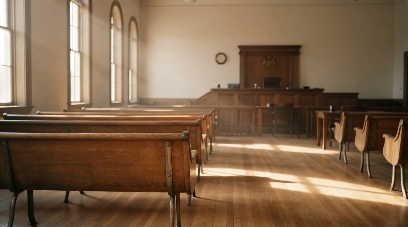 Una sala de tribunal vacía con bancos de madera a la luz de la mañana