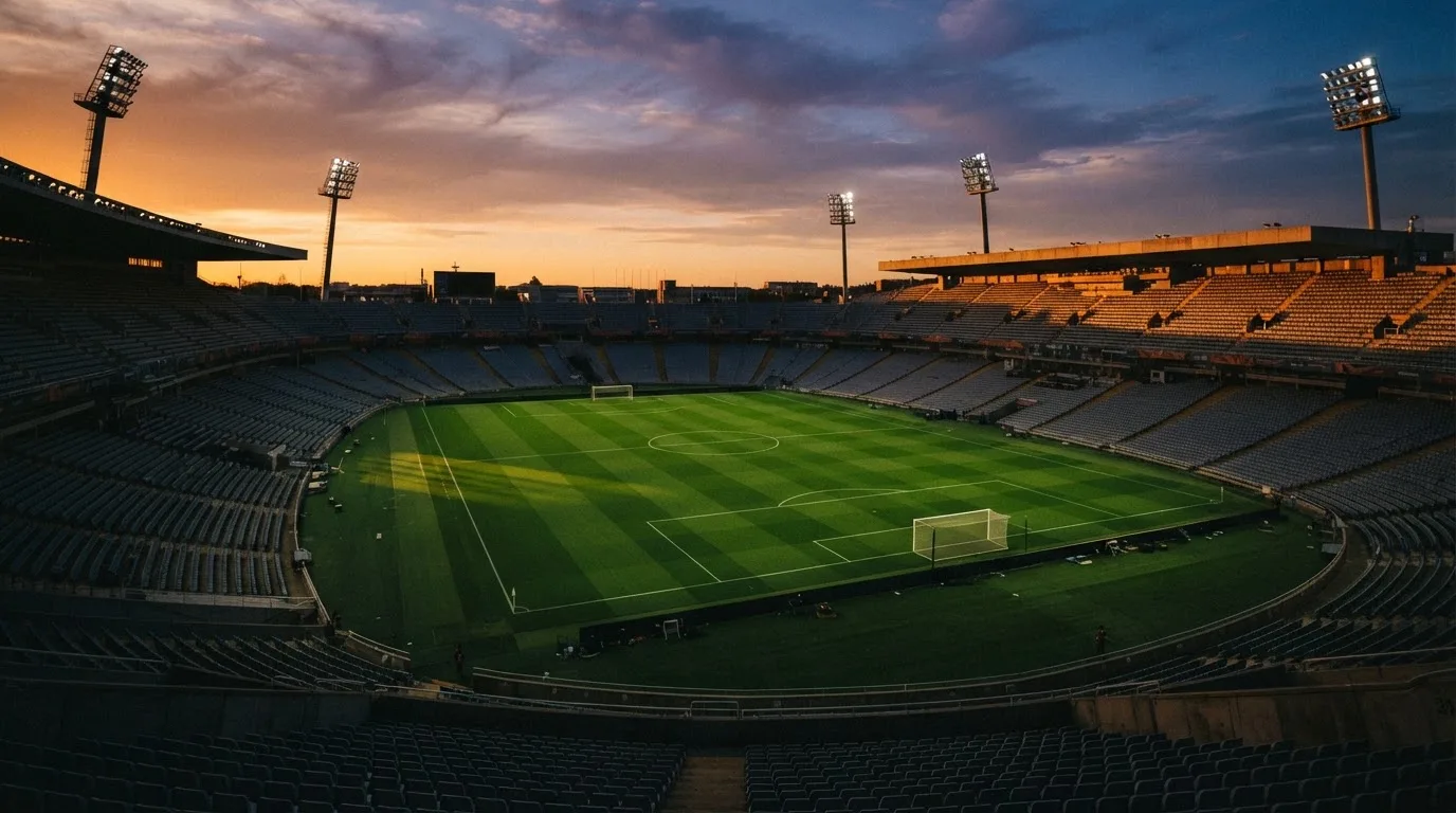 Un estadio de fútbol vacío con torres de iluminación al atardecer