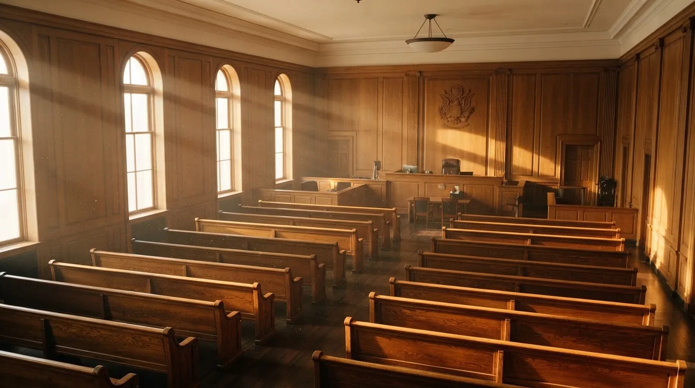 Una sala de tribunal vacía con bancos de madera a la luz de la mañana