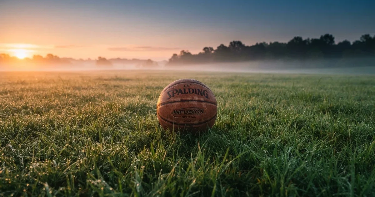 Un balón en el punto central de un campo de césped a la luz de la mañana