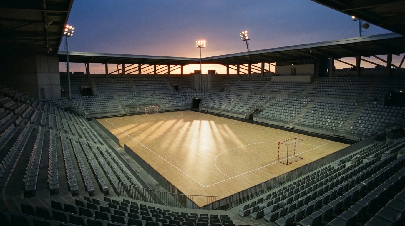 Un estadio de fútbol vacío con torres de iluminación al atardecer
