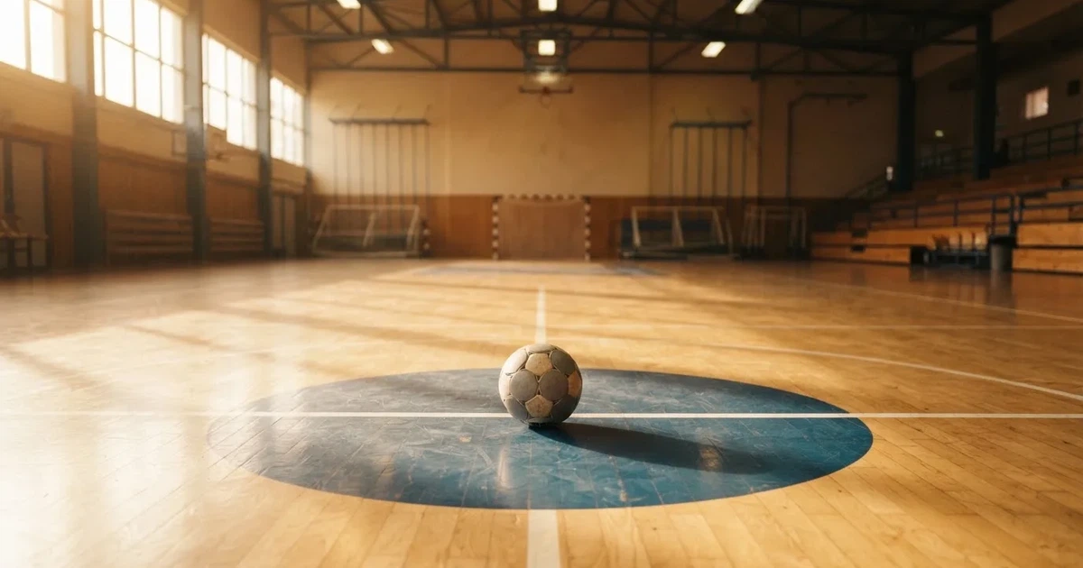 Un balón en el punto central de un campo de césped a la luz de la mañana
