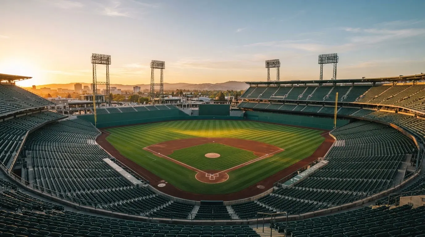 Un estadio de fútbol vacío con torres de iluminación al atardecer
