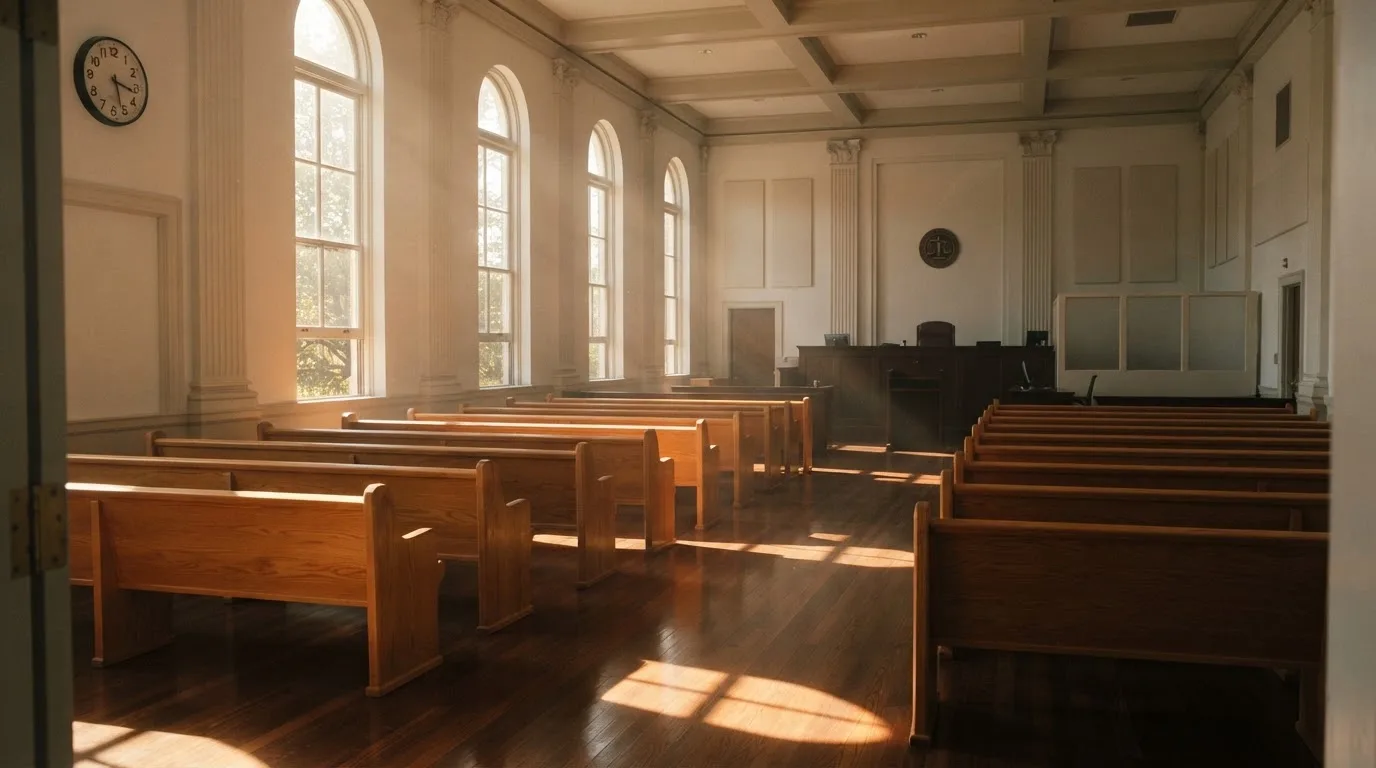 Una sala de tribunal vacía con bancos de madera a la luz de la mañana