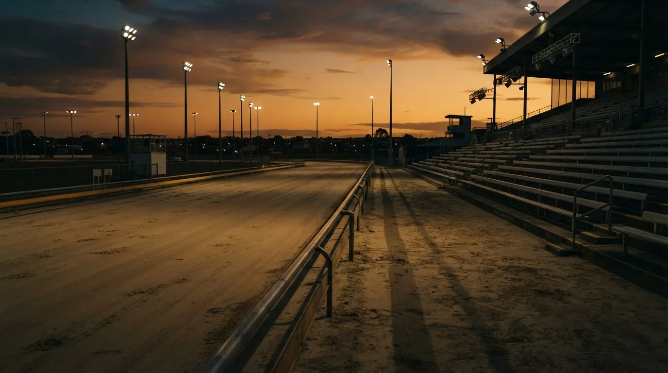 Un estadio de fútbol vacío con torres de iluminación al atardecer