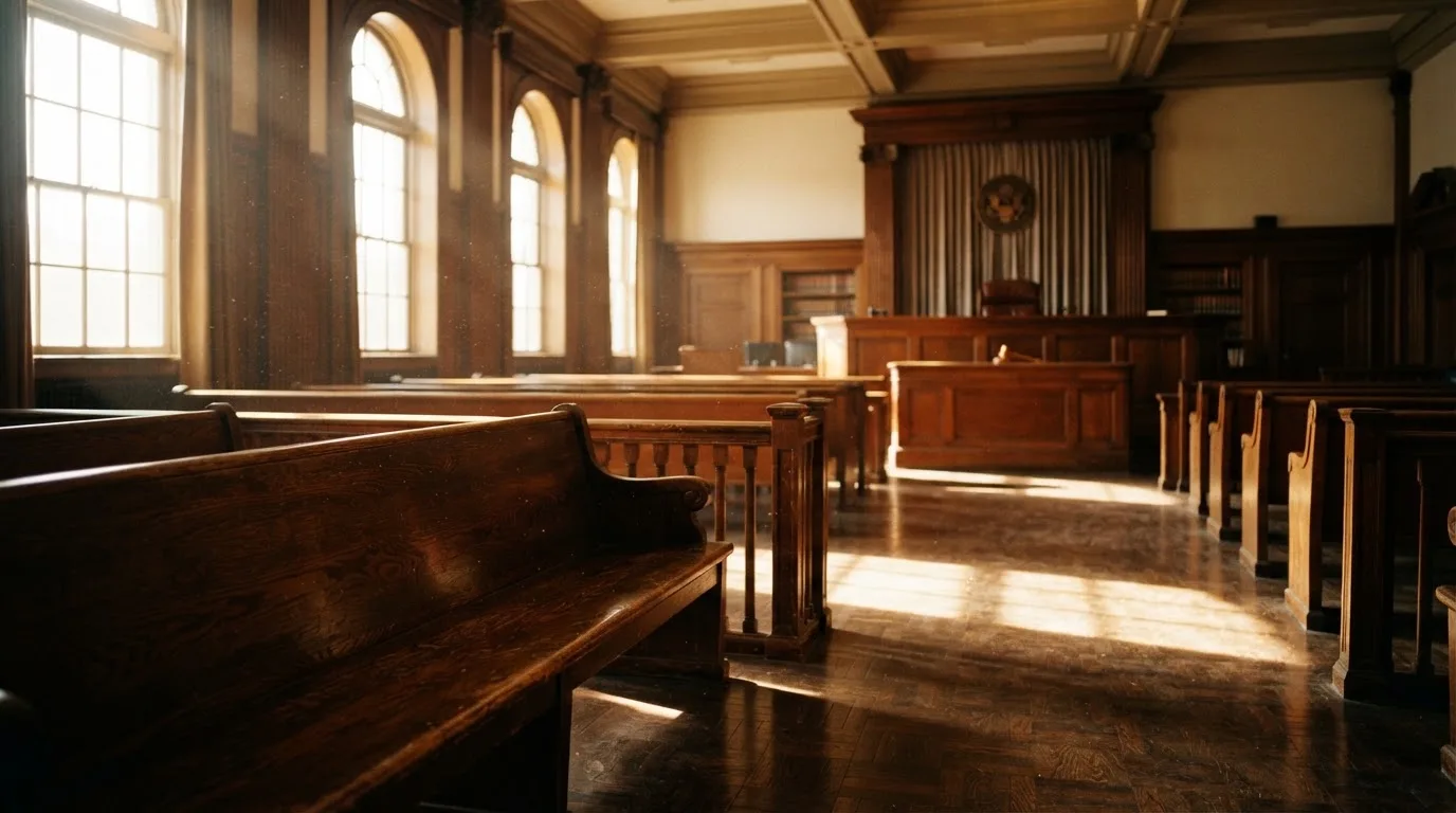 Una sala de tribunal vacía con bancos de madera a la luz de la mañana