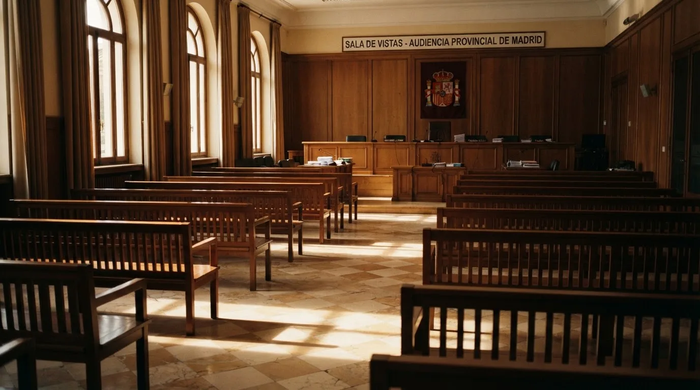 Una sala de tribunal vacía con bancos de madera a la luz de la mañana