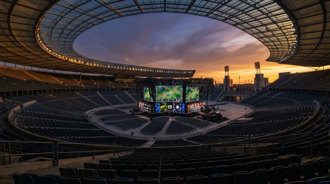 Un estadio de fútbol vacío con torres de iluminación al atardecer