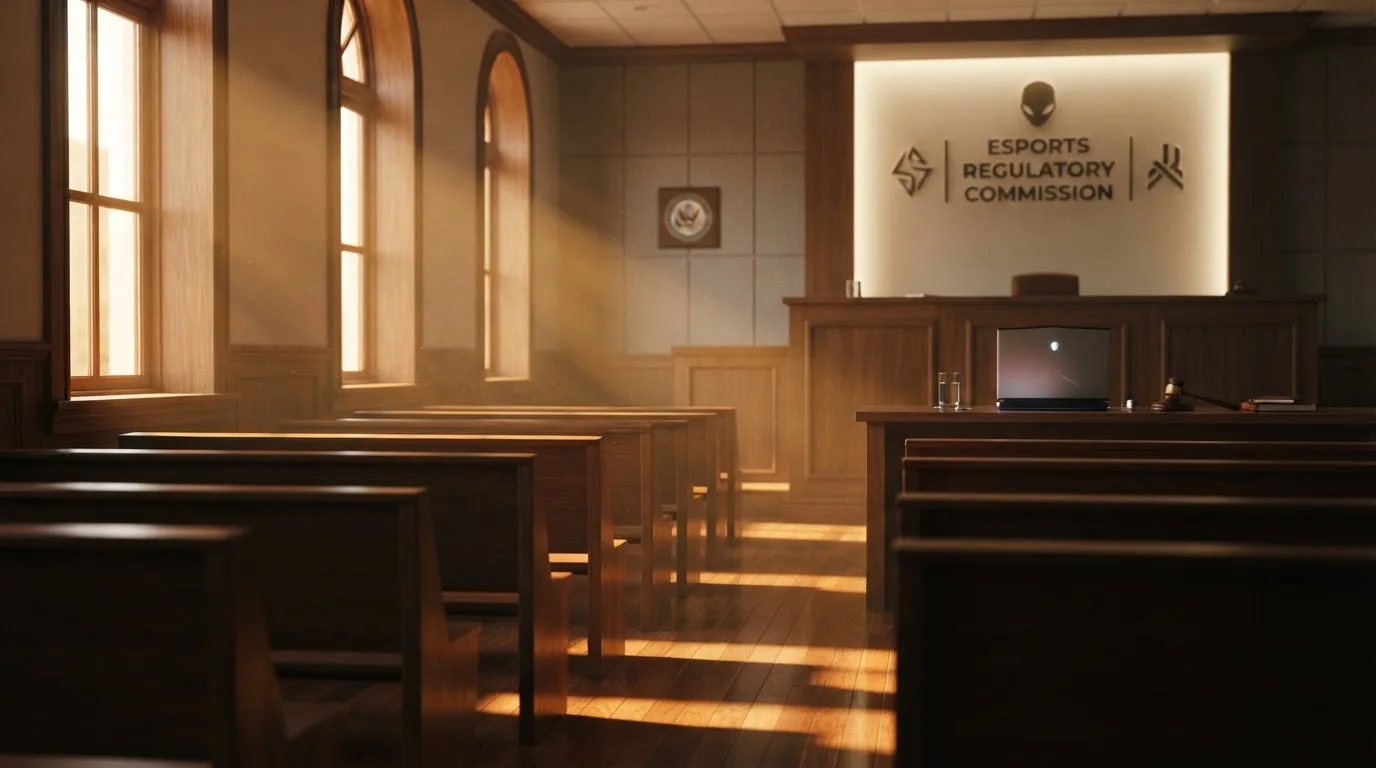 Una sala de tribunal vacía con bancos de madera a la luz de la mañana