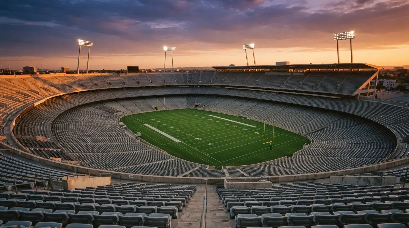 Un estadio de fútbol vacío con torres de iluminación al atardecer