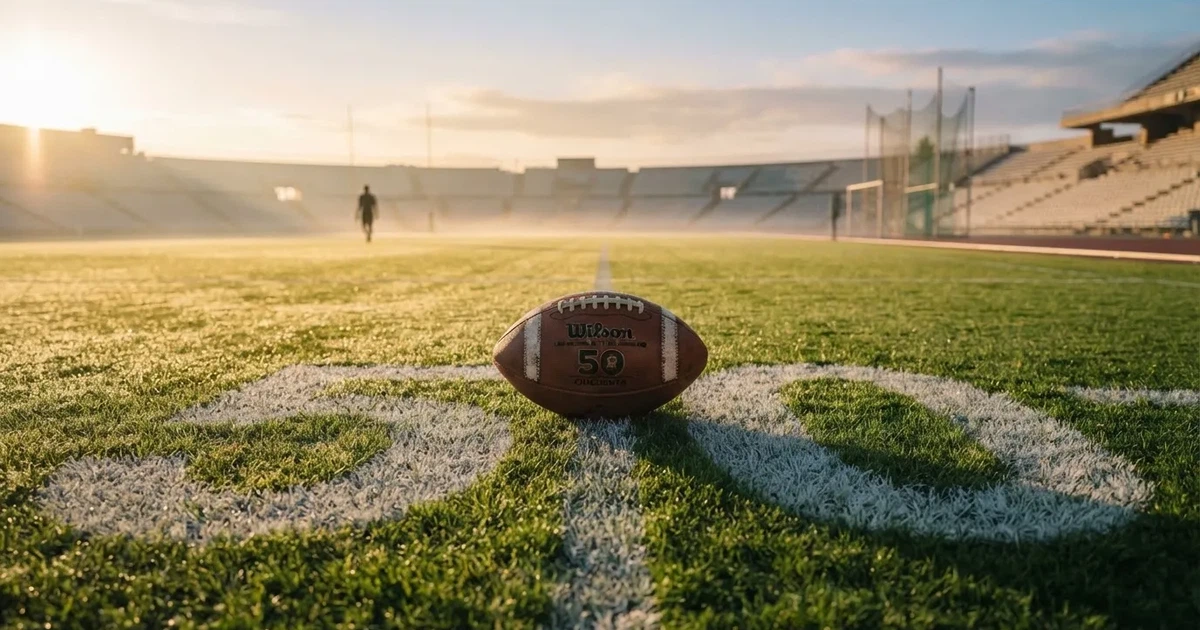 Un balón en el punto central de un campo de césped a la luz de la mañana
