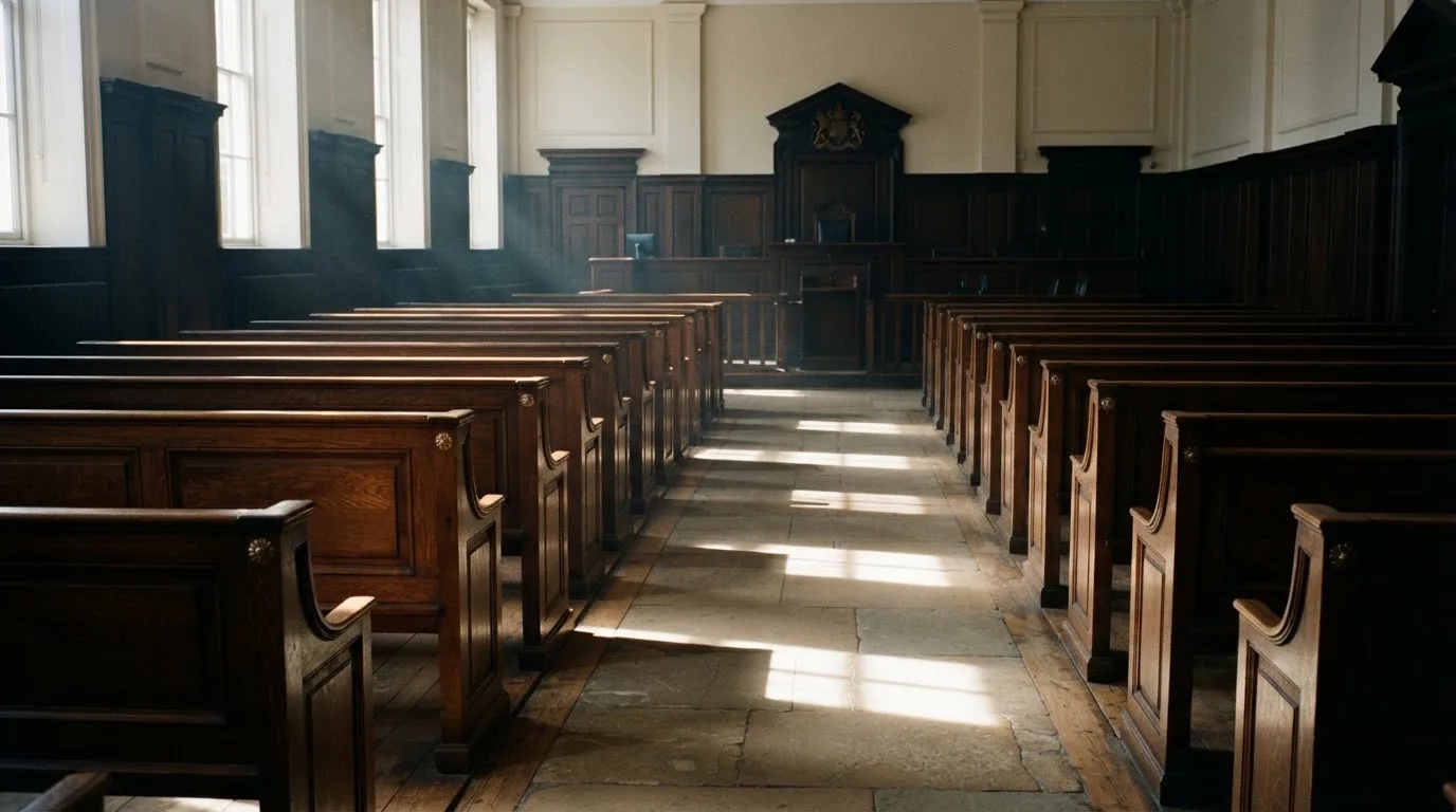 Una sala de tribunal vacía con bancos de madera a la luz de la mañana