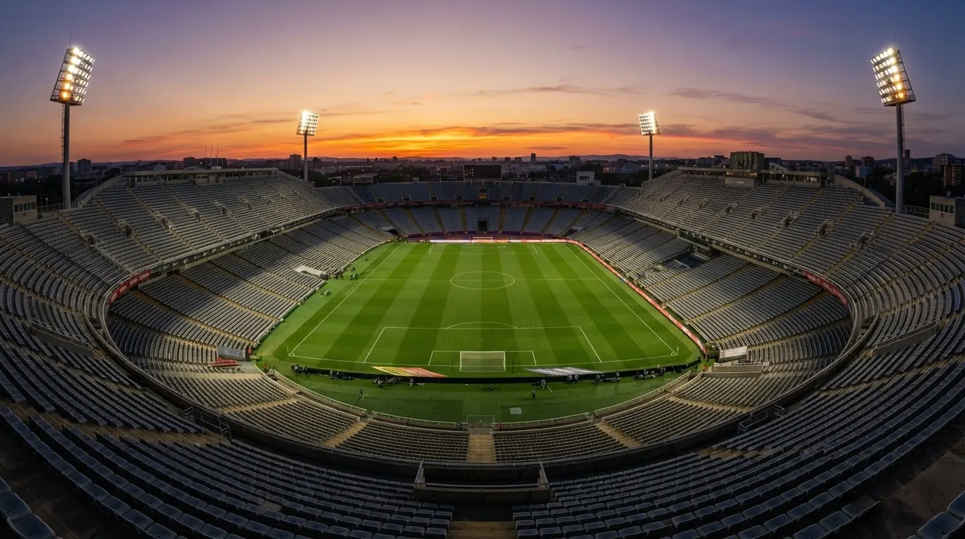 Un estadio de fútbol vacío con torres de iluminación al atardecer