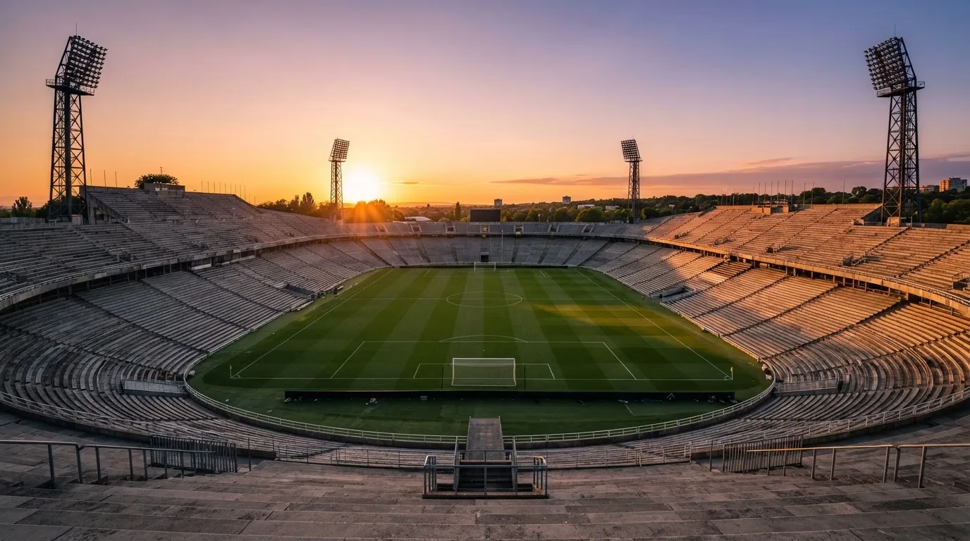 Un estadio de fútbol vacío con torres de iluminación al atardecer
