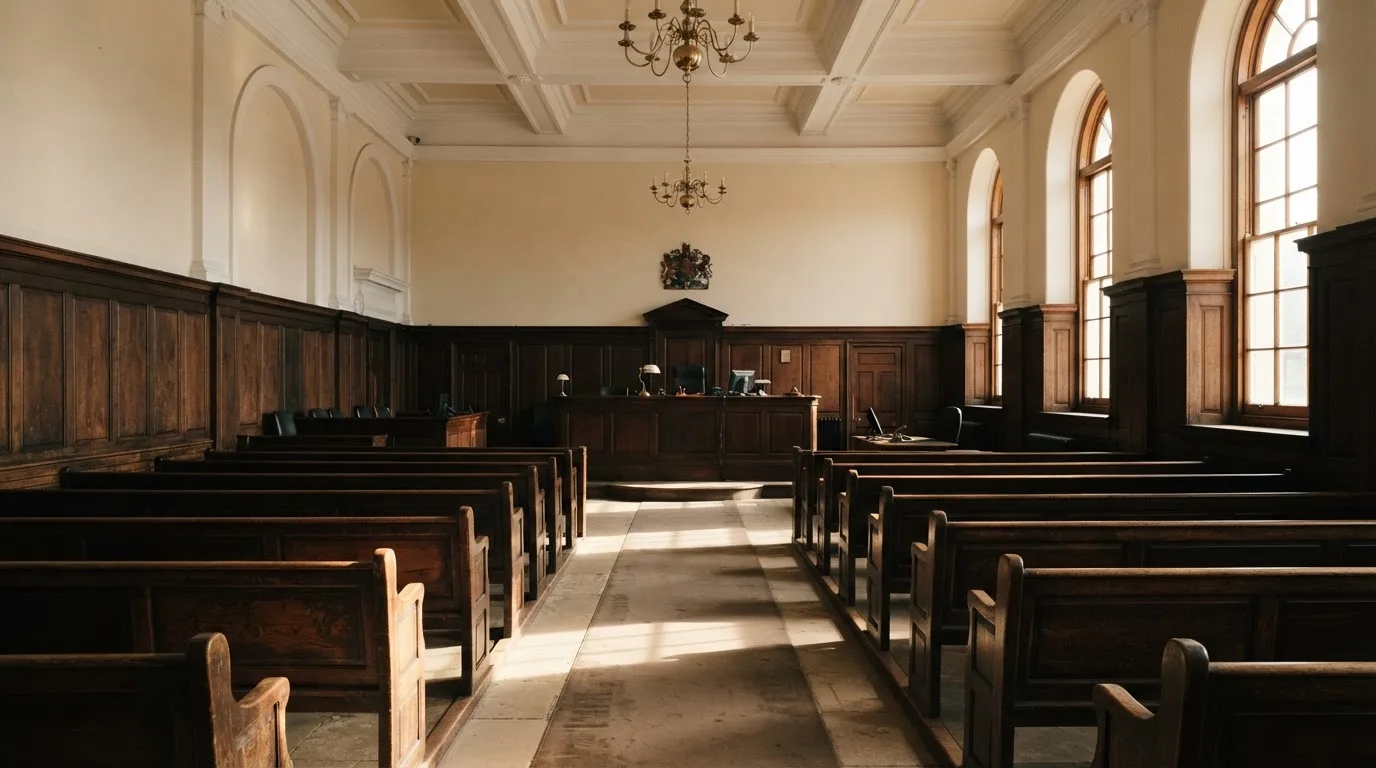 Una sala de tribunal vacía con bancos de madera a la luz de la mañana