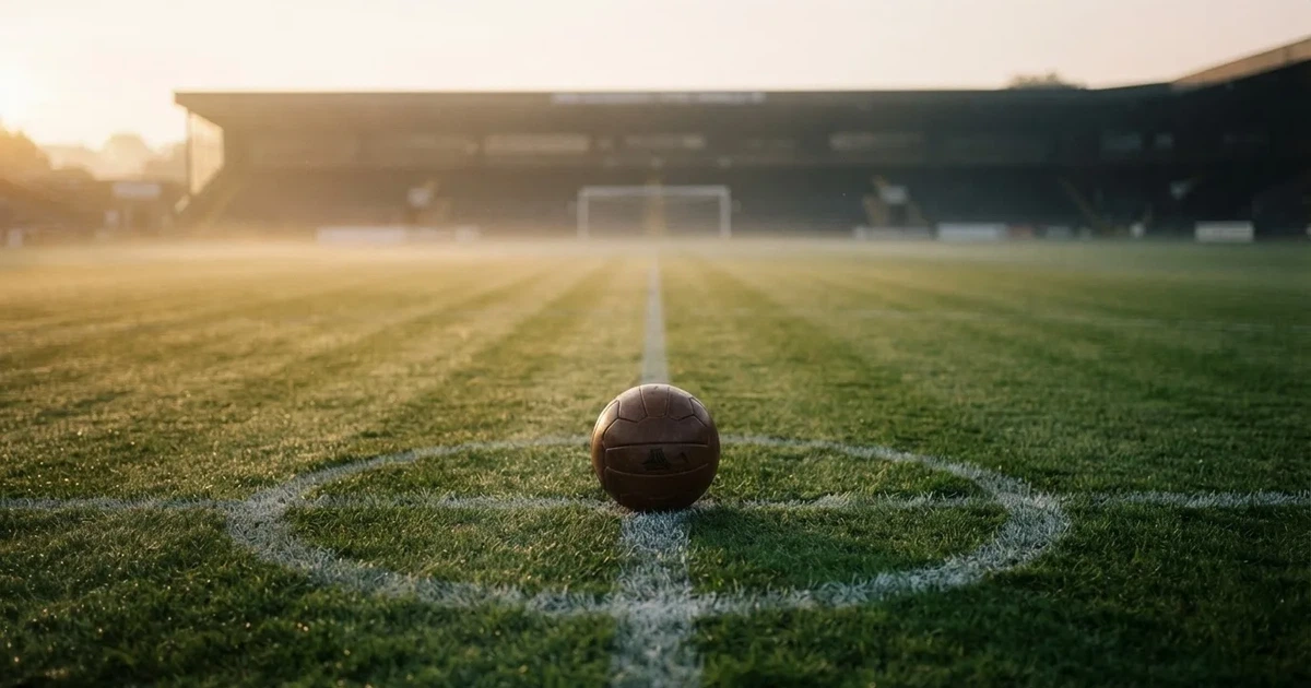 Un balón en el punto central de un campo de césped a la luz de la mañana