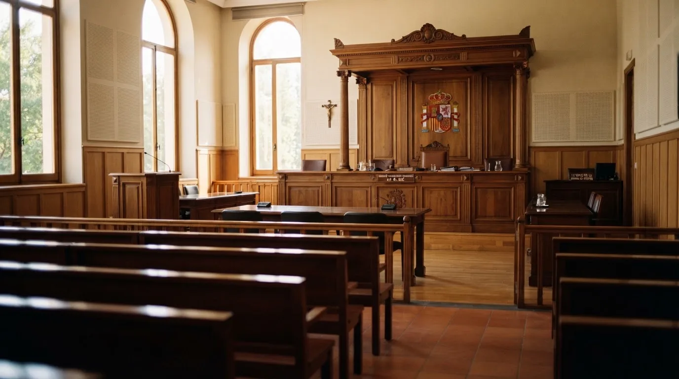 Una sala de tribunal vacía con bancos de madera a la luz de la mañana