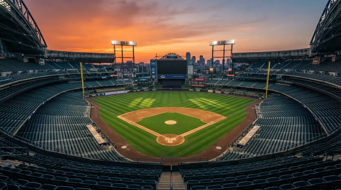 Un estadio de fútbol vacío con torres de iluminación al atardecer