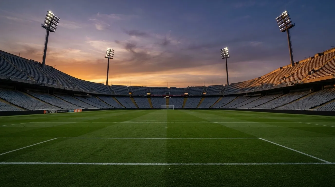 Un estadio de fútbol vacío con torres de iluminación al atardecer