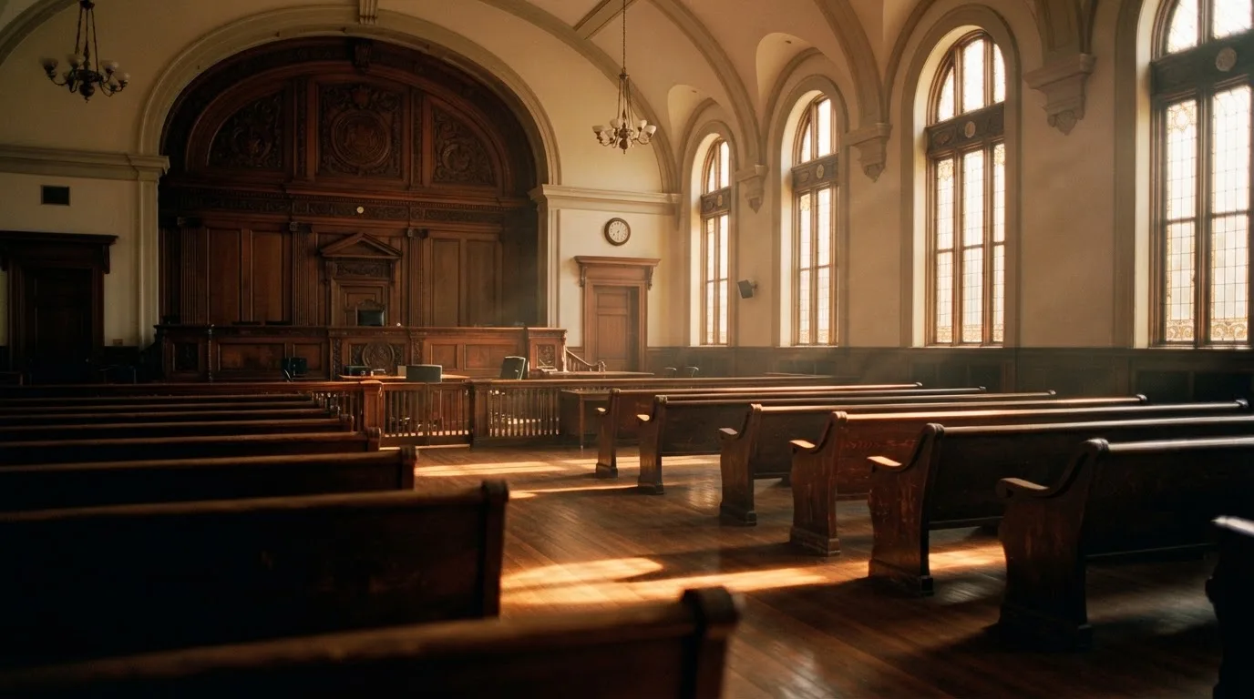 Una sala de tribunal vacía con bancos de madera a la luz de la mañana