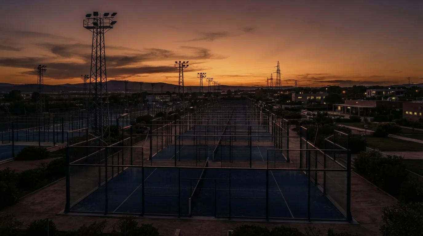Un estadio de fútbol vacío con torres de iluminación al atardecer