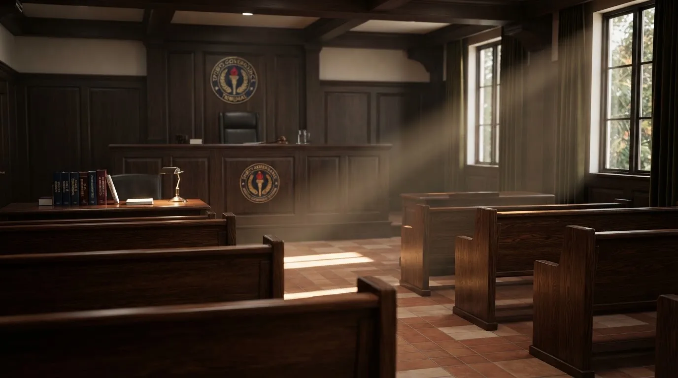 Una sala de tribunal vacía con bancos de madera a la luz de la mañana
