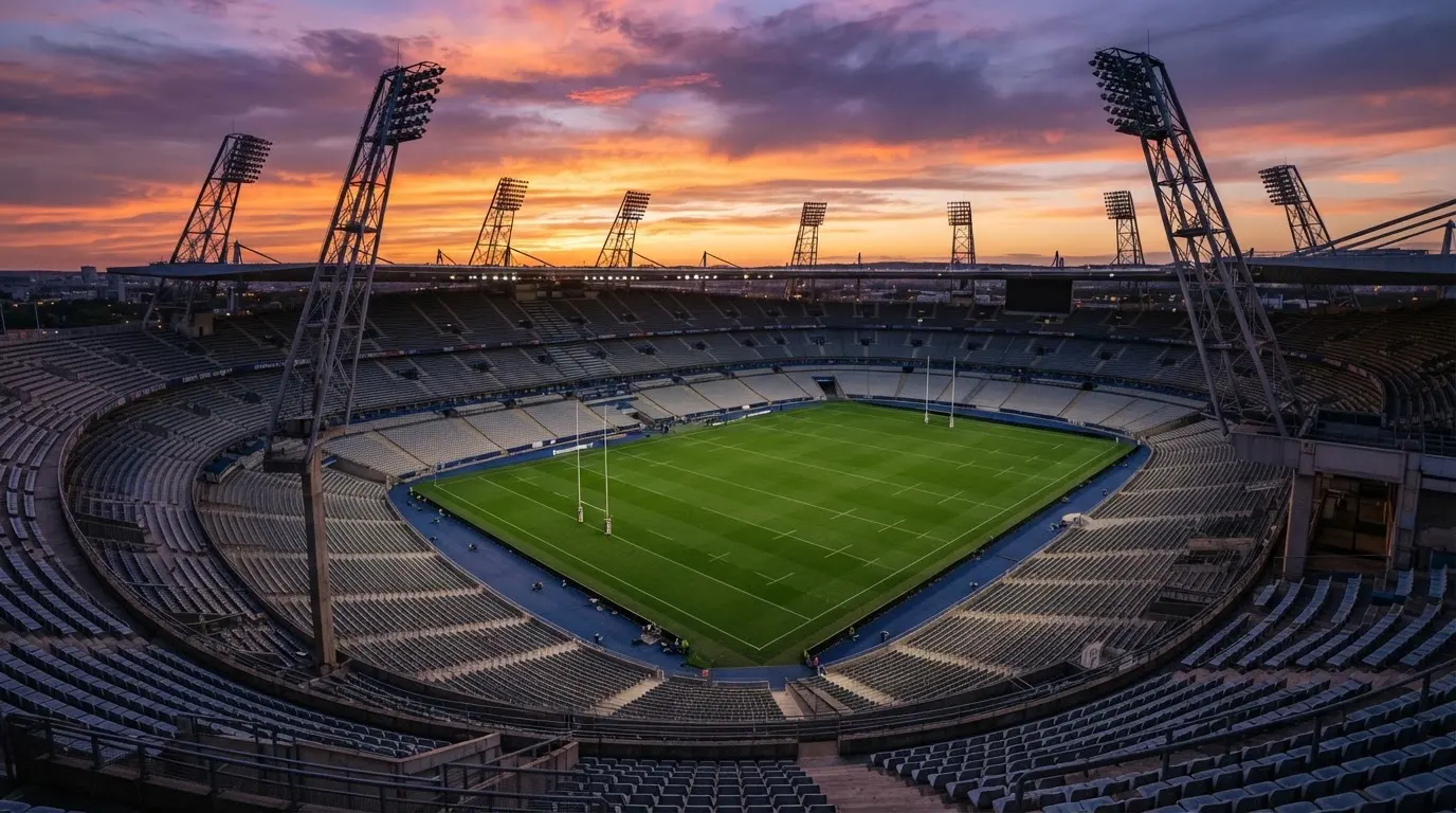 Un estadio de fútbol vacío con torres de iluminación al atardecer