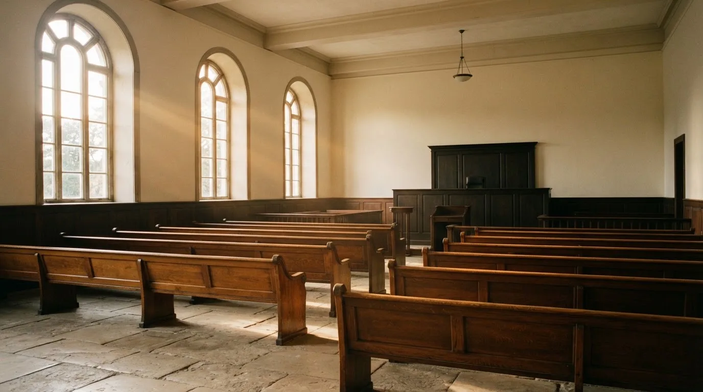 Una sala de tribunal vacía con bancos de madera a la luz de la mañana