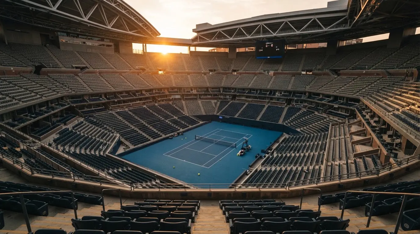 Un estadio de fútbol vacío con torres de iluminación al atardecer