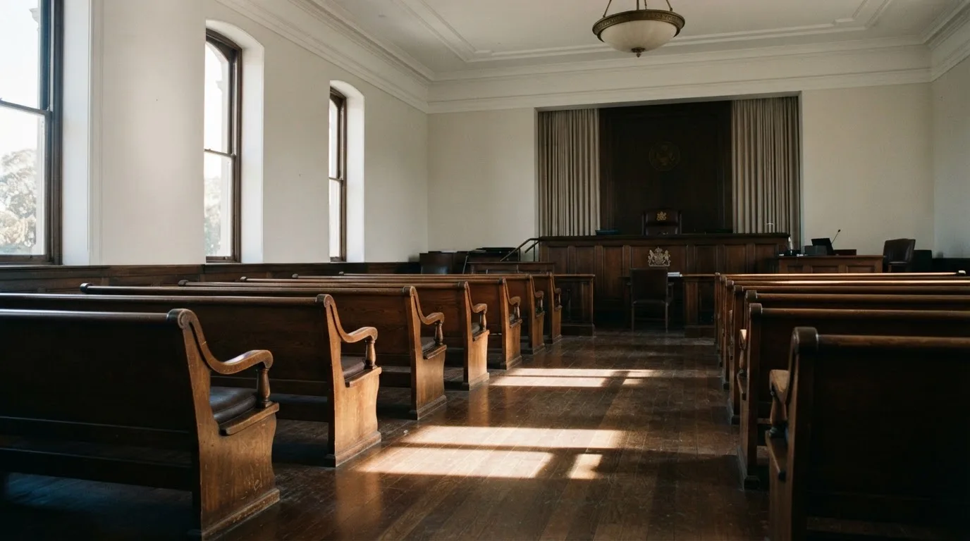 Una sala de tribunal vacía con bancos de madera a la luz de la mañana