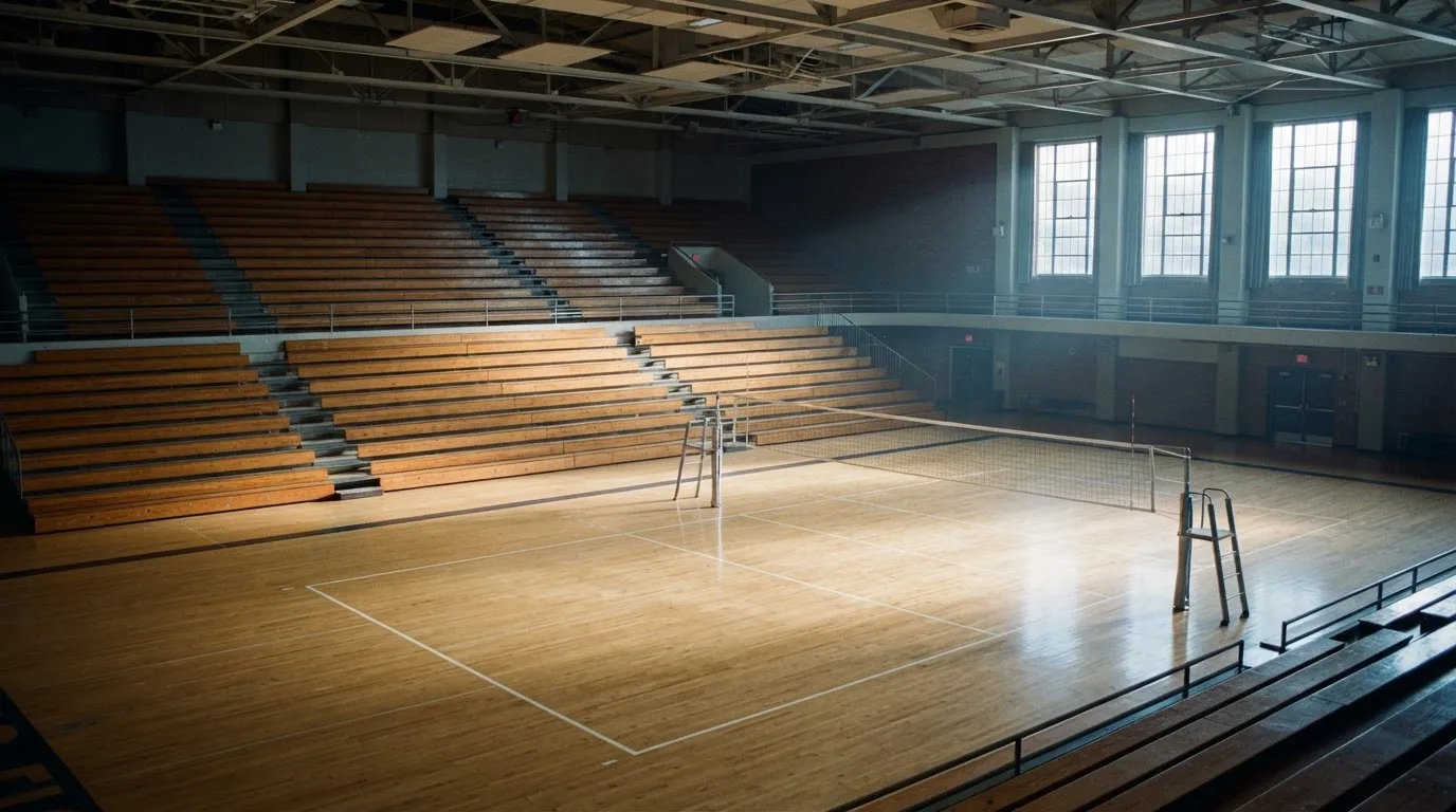 Una sala de tribunal vacía con bancos de madera a la luz de la mañana