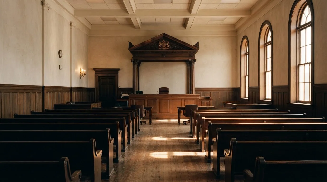 Una sala de tribunal vacía con bancos de madera a la luz de la mañana