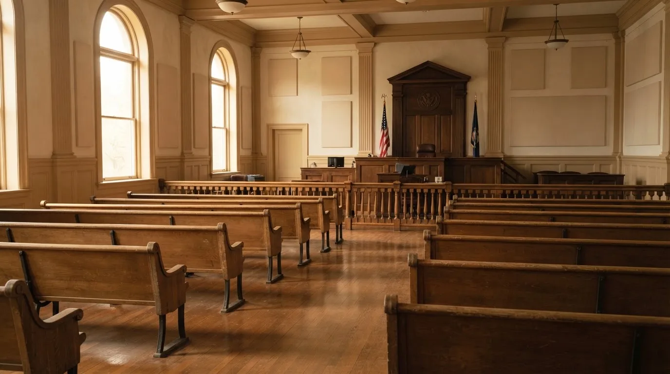 Una sala de tribunal vacía con bancos de madera a la luz de la mañana