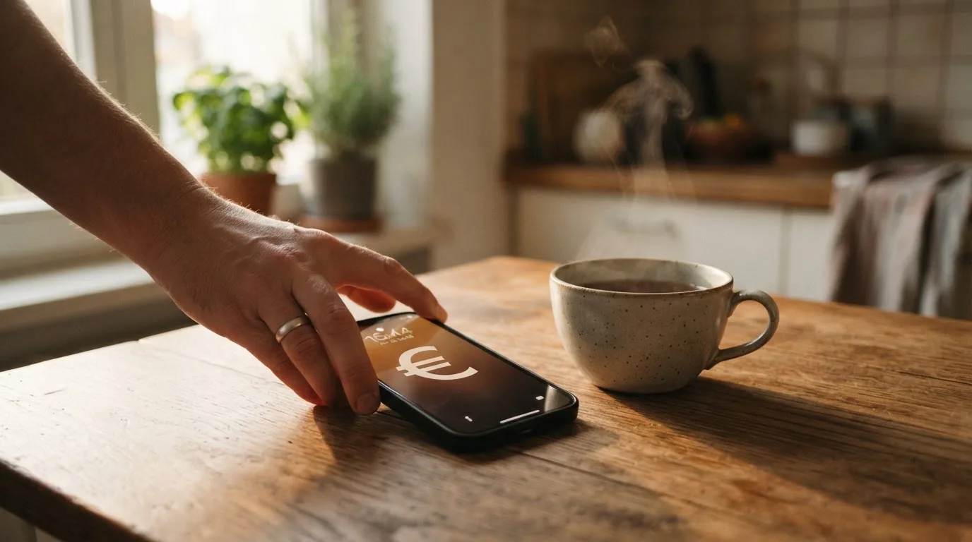 Una mano deja un móvil junto a una taza de té sobre la mesa de la cocina, una tarde tranquila