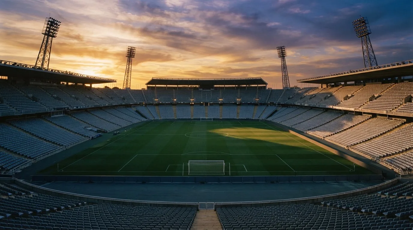 Un estadio de fútbol vacío con torres de iluminación al atardecer