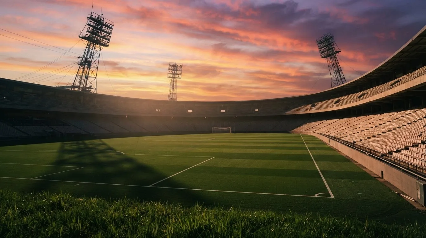 Un estadio de fútbol vacío con torres de iluminación al atardecer