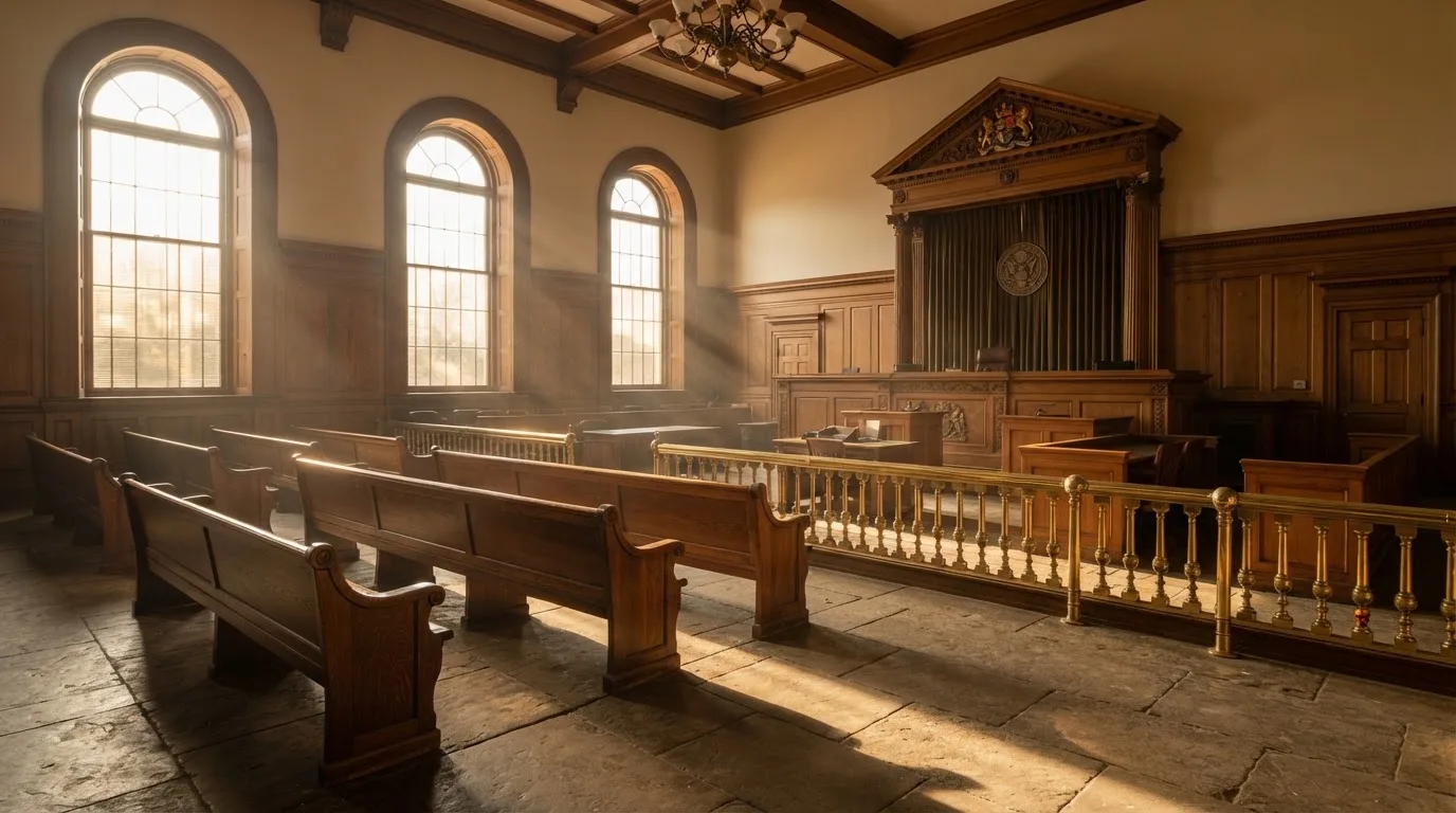 Una sala de tribunal vacía con bancos de madera a la luz de la mañana