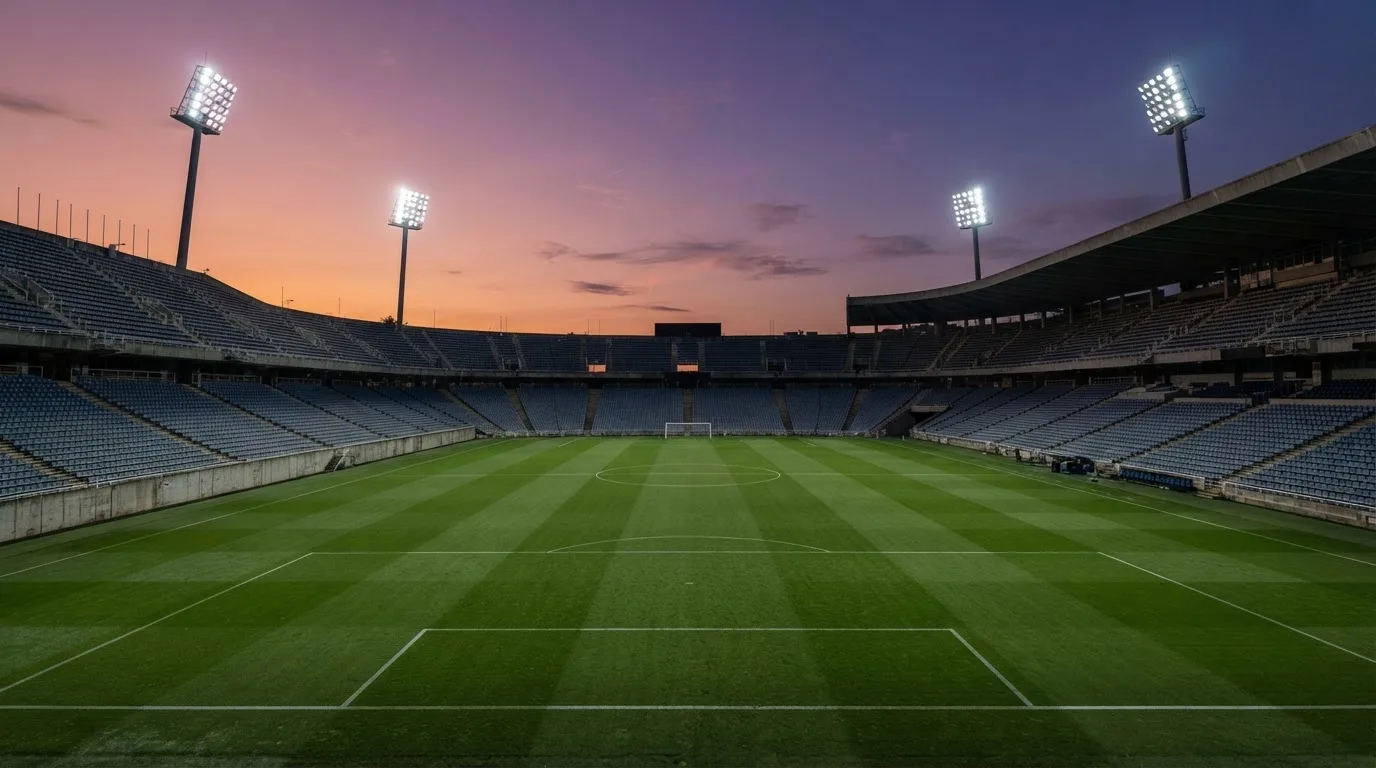 Un estadio de fútbol vacío con torres de iluminación al atardecer