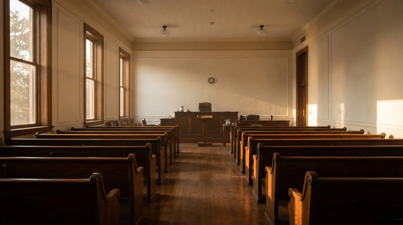 Una sala de tribunal vacía con bancos de madera a la luz de la mañana