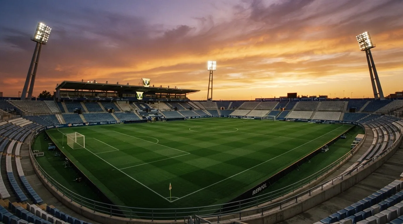 Un estadio de fútbol vacío con torres de iluminación al atardecer