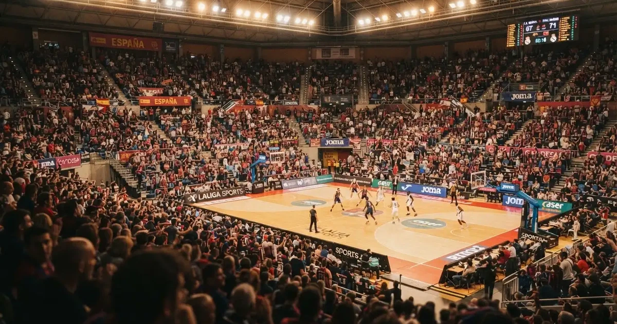 Un pabellón deportivo lleno bajo los focos, fotografiado desde muy lejos