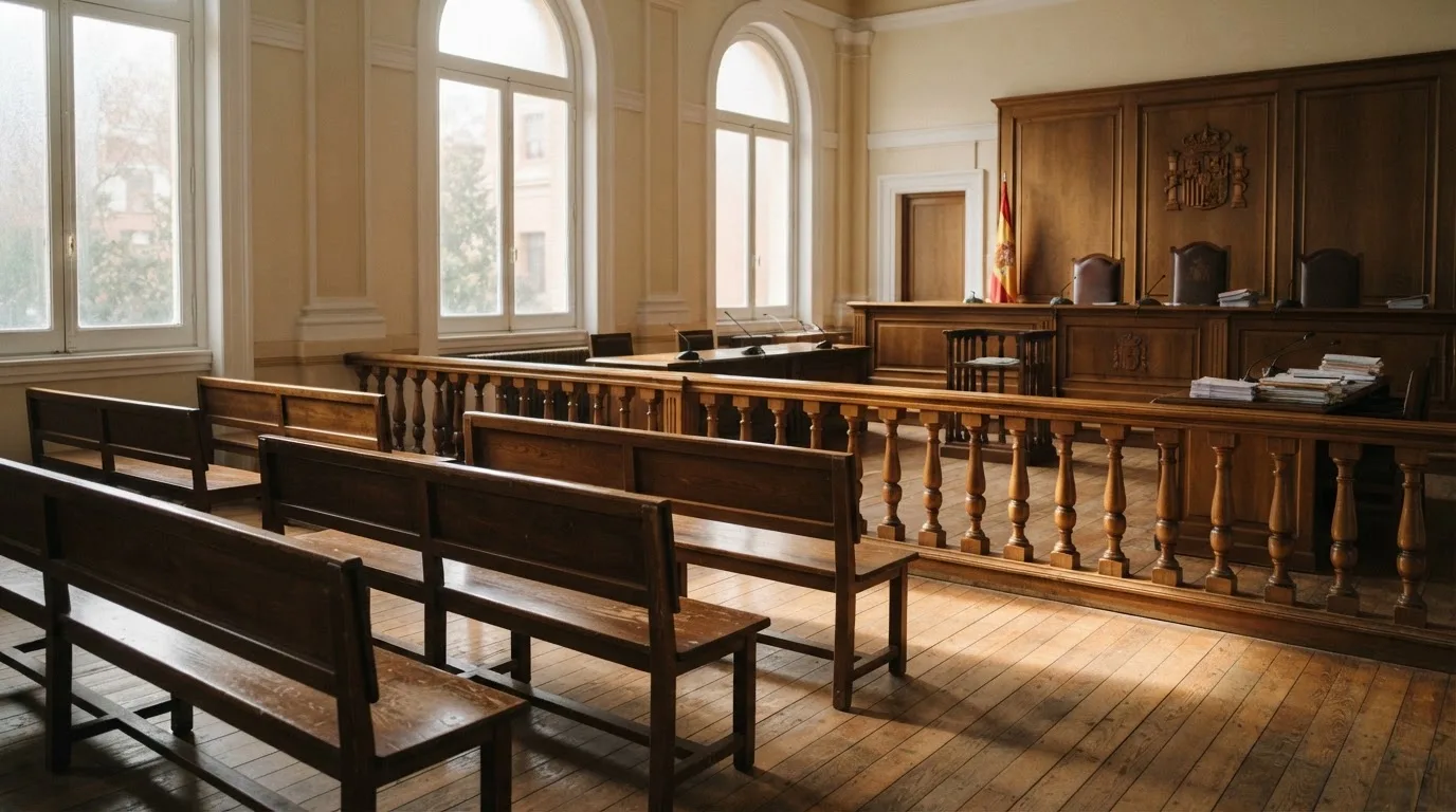 Una sala de tribunal vacía con bancos de madera a la luz de la mañana