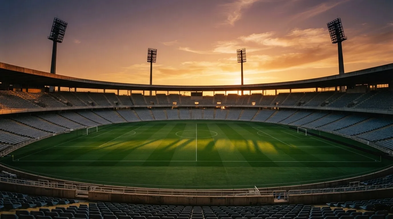 Un estadio de fútbol vacío con torres de iluminación al atardecer